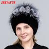 JERYAFUR High Quality Mink Fur Hat for Women Natural Mink Fur Hats with Luxury Big Pompom Fox Fur Ball Beanies Winter Women's Cap LadyHat