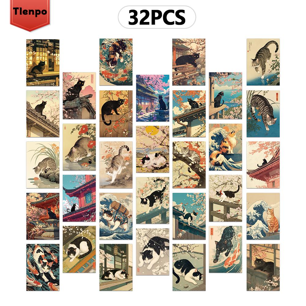 

32 шт., Винтажные японские открытки с кошками, Почтовые открытки, Поздравительные открытки, Открытки для DIY, Сувенирные открытки, Украшения чистый