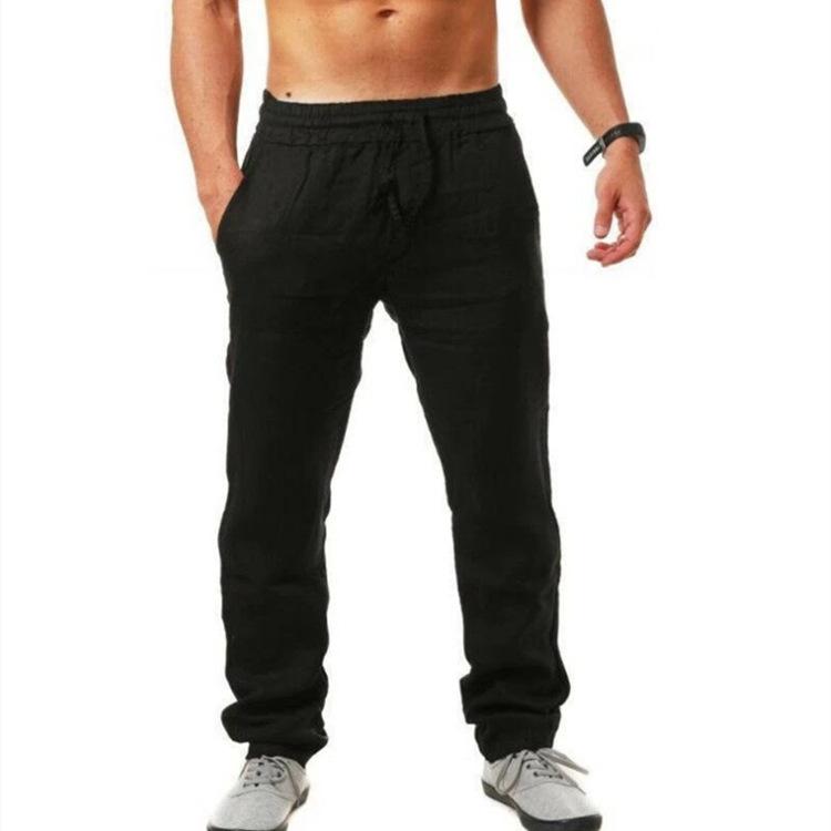Summer Men's Hip Hop Breathable Cotton Linen Loose Casual Sports Solid Color Elastic Tether Trousers