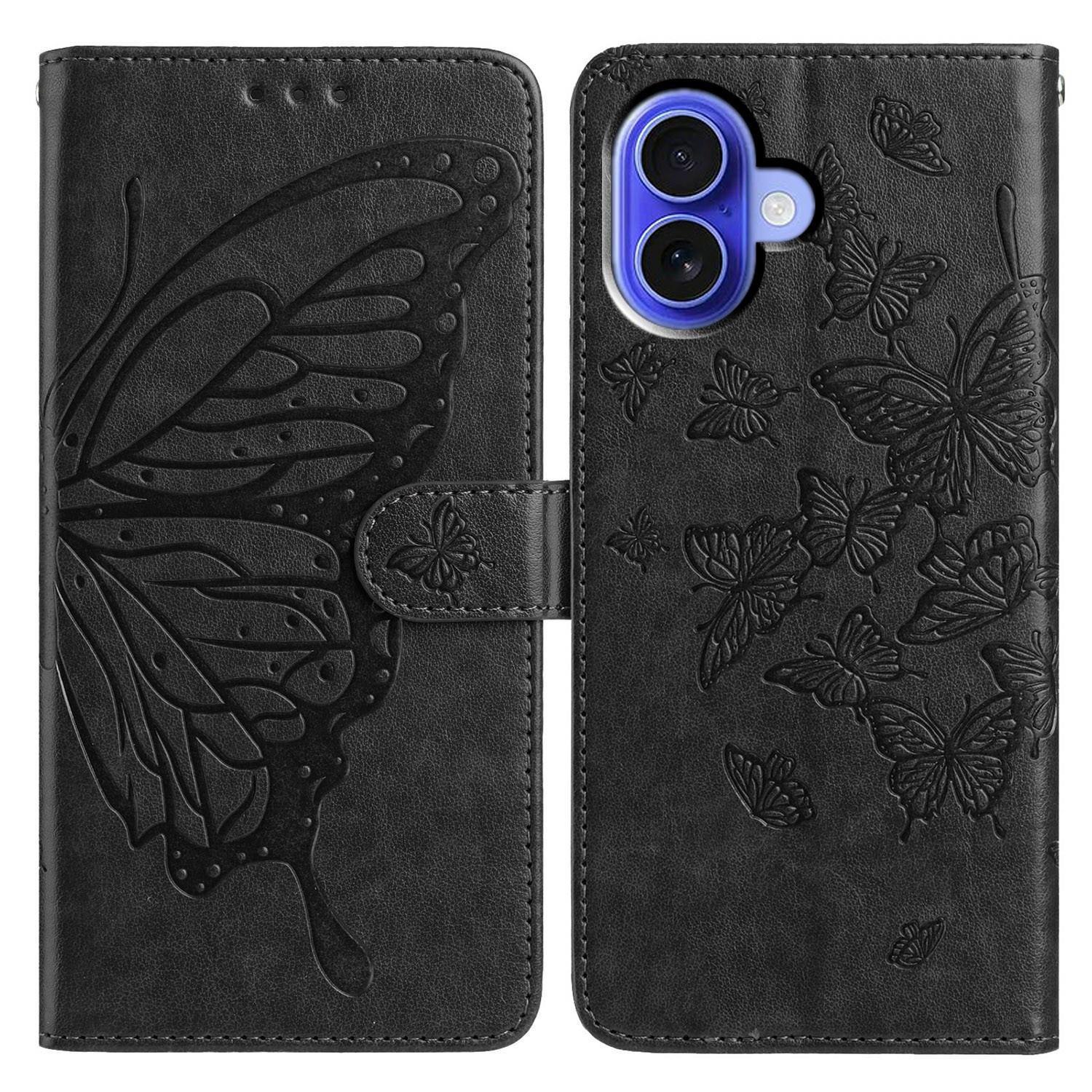 

For iPhone 16 Plus Case Butterfly Imprinted Wallet Stand PU Leather Flip Phone Cover with Strap Black