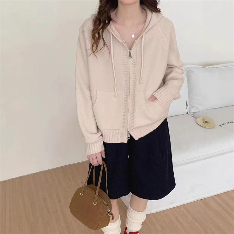Drawstring Hooded Sweater Jacket Women's Autumn and Winter New Lazy Style Knitted Cardigan College Style Sweater