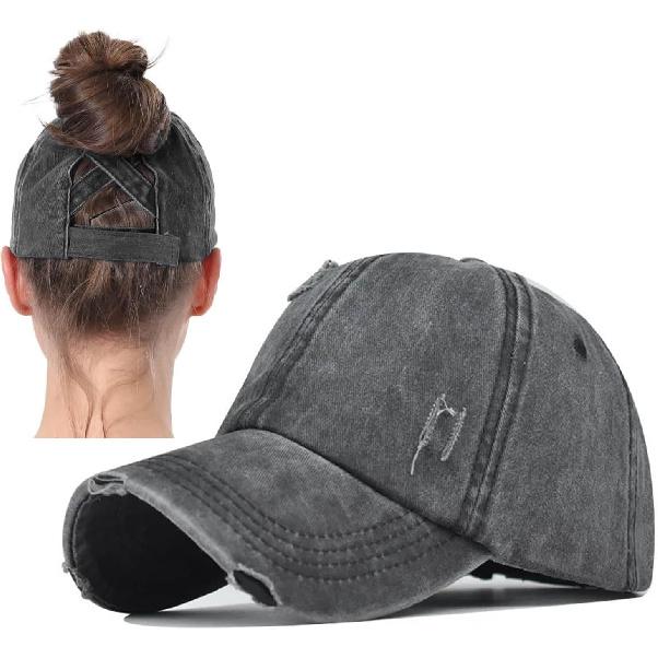 2 Packs Womens Ponytail Criss Cross Hat Baseball Cap Distressed Ponytail Hat High Messy Bun Trucker Ponycap
