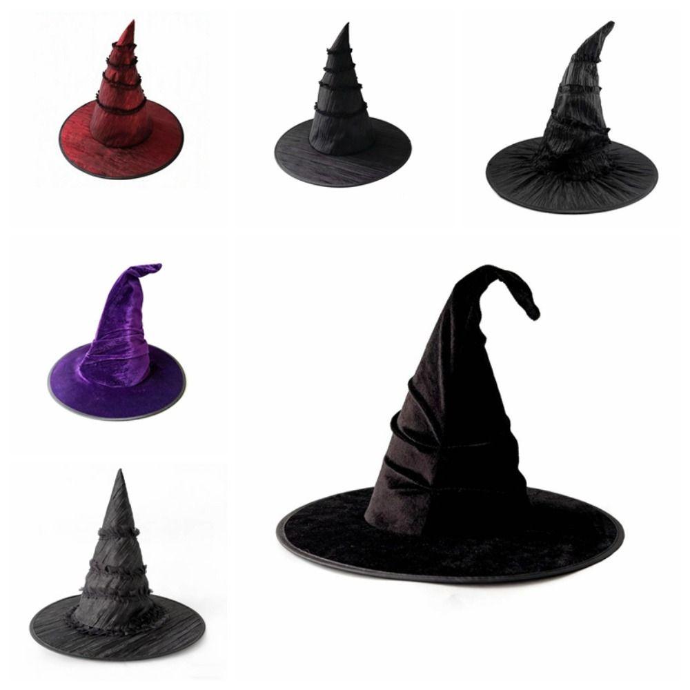 Wrinkled Halloween Hat Gothic Large Brim Lolita Witch Hat Removable Tall Pointed Cone Top Ruched Masquerade Cap School Event