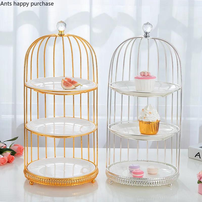 Birdcage Cake Stand Two Floors Three Floors Ceramic Plate Golden Silver Metal Snack Rack Dessert Cake Pastry Tray Display Stand