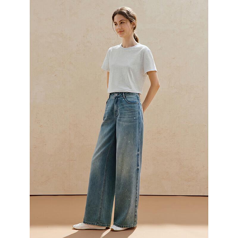 INMAN Women's Retro Washed Denim Wide-Leg Pants