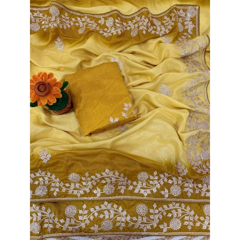 Căptușeală premium Mătase Chinon cu fir de aur și paiete pallu saree