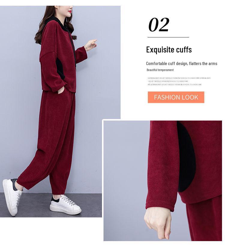 Zesílený manšestrový módní set s kapucí - Nadměrná velikost podzimní ležérní dvoudílný outfit