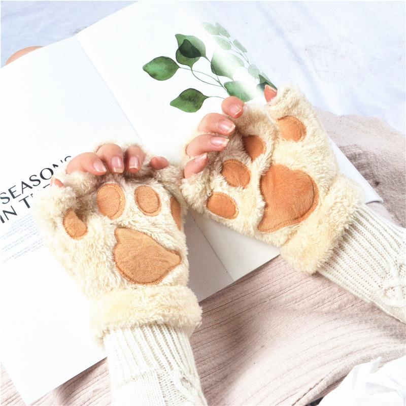 Women Bear Plush Cat Paw Claw Gloves Winter Faux Fur Cute Kitten Fingerless Mittens Gloves Christmas Halloween For Womens Girls