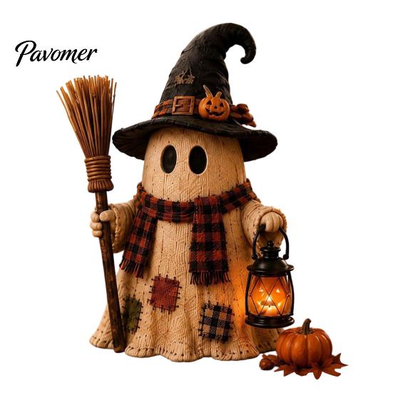 Atmospheric Window Displays Wooden Halloween Figurine with Lantern, Pumpkin Scarecrow Skeleton Mummy Ghost Witch Seasonal Tabletop Accessories Statue,