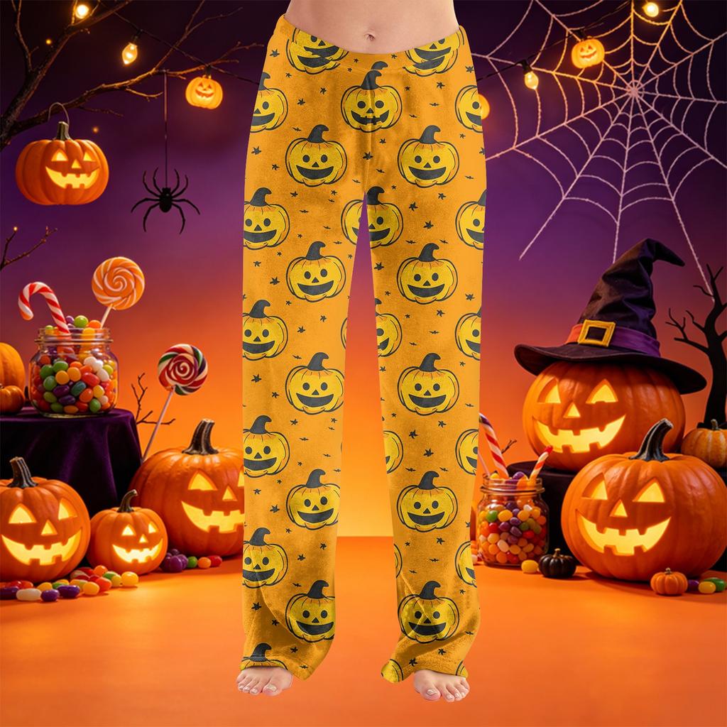Women Halloween Print Plush Lounge Pants Soft Elastic Waistband Relaxed Fit Long Casual Trousers for Indoor Outdoor Wear