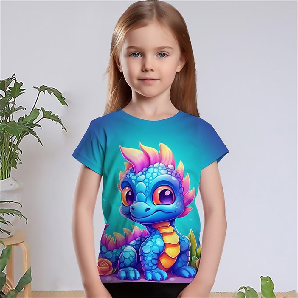 Drak 3D-tryck Flick-T-shirts Barn Present T-shirt Djur T-shirt För Flickor Kortärmad Casual Topp T-shirt Barnkläder