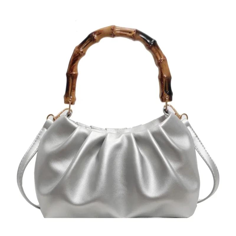 Solid PU Pleated Hand Bags for Women Bamboo Handle with Zipper Buckle Fashion
