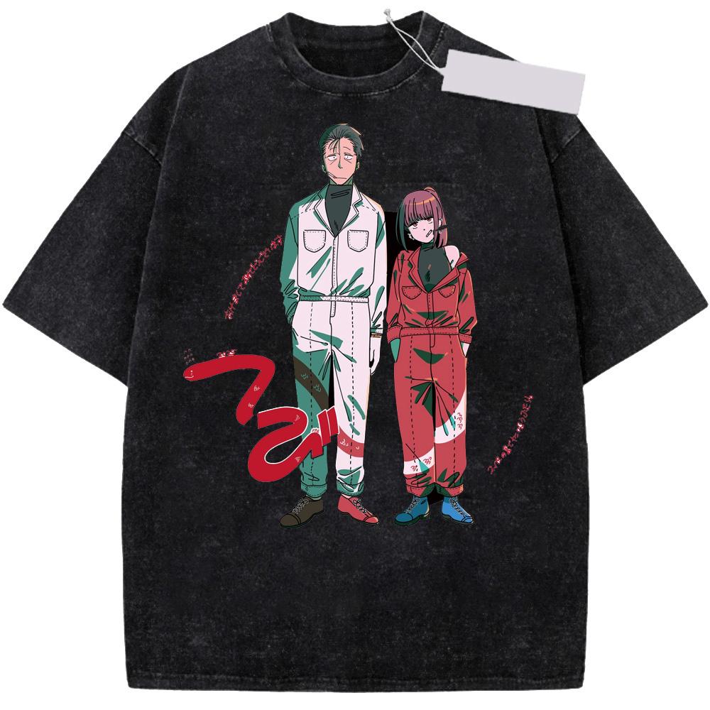 Smoking Behind The Supermarket Anime Graphic Tshirt Vintage Washed Anime Merch Harajuku Unisex Oversized Crew Neck Sleeve Tops