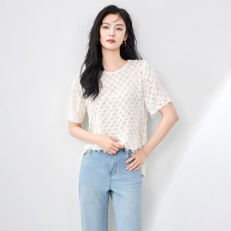 

Повседневная футболка из выжженного шелка с круглым вырезом: Элегантный Свободный Модный Женский Летний Топ Medium абрикосовый