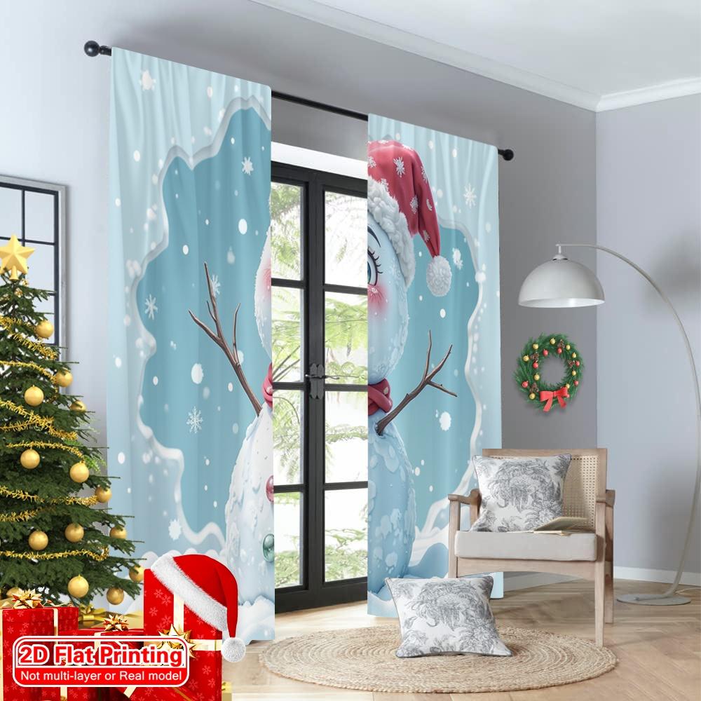 2pcs 2D Flat Printing Merry Christmas Window Curtains Winter Snowman Breakout 100% Polyester Without Electricity 0 for Home Wall