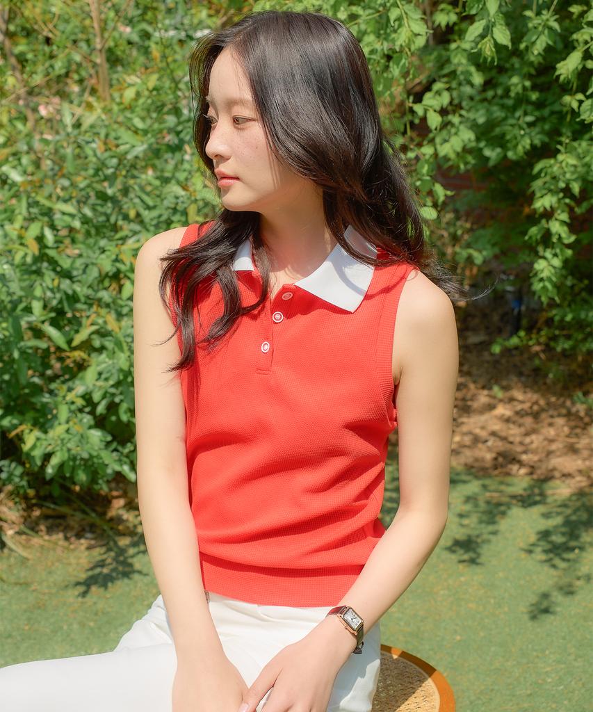 SALON DE YOHN Collar Sleeveless Top_ Red
