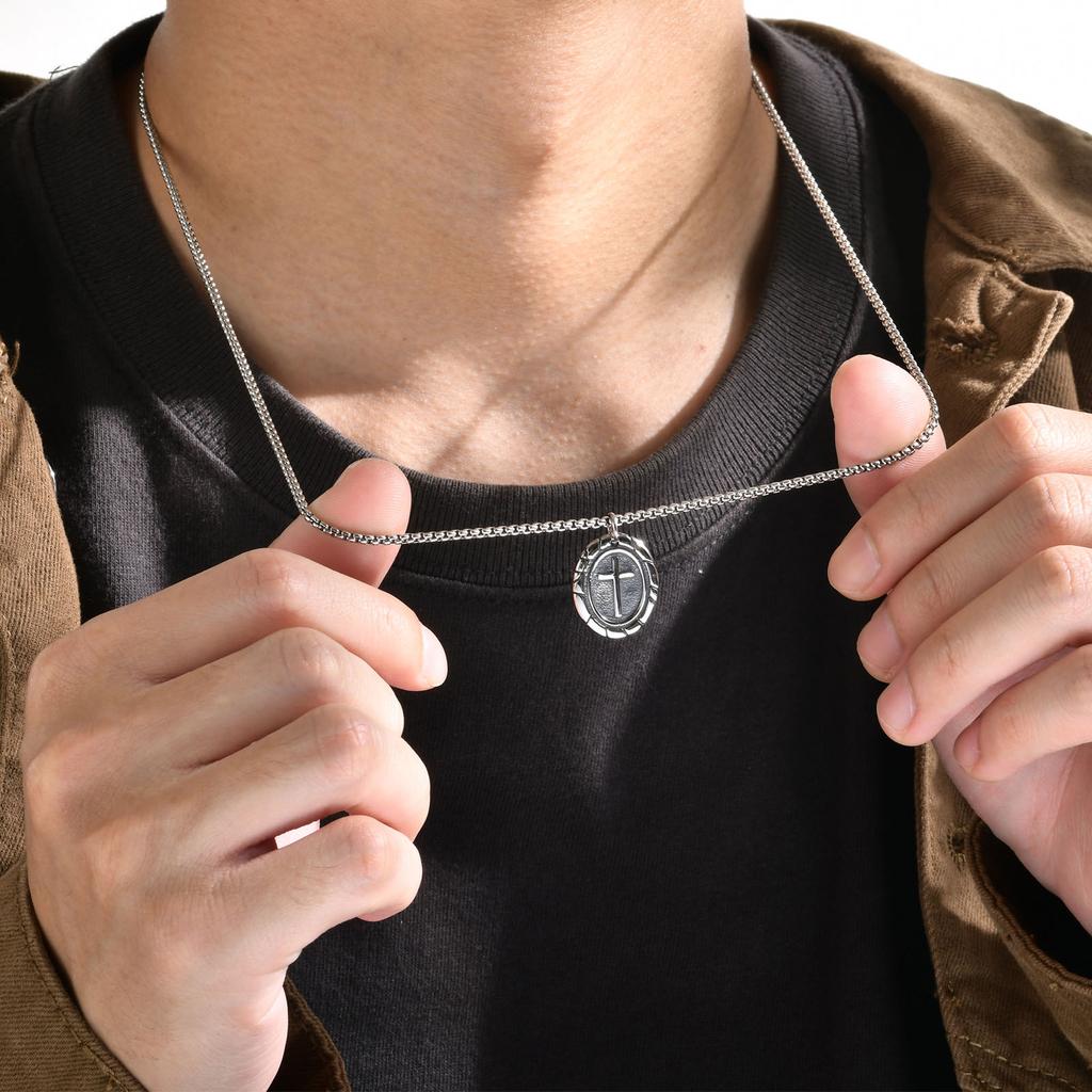 Men's Retro Silver Color Stainless Steel Cross Pendant Necklaces,New Punk Religious Faith Collar Gifts To Him Jewelry