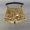 Khaki Flanged Denim Shorts Women's Summer New High-waisted Slim-fitting and Thin A-word Spice Girl Tooling Hot Pants