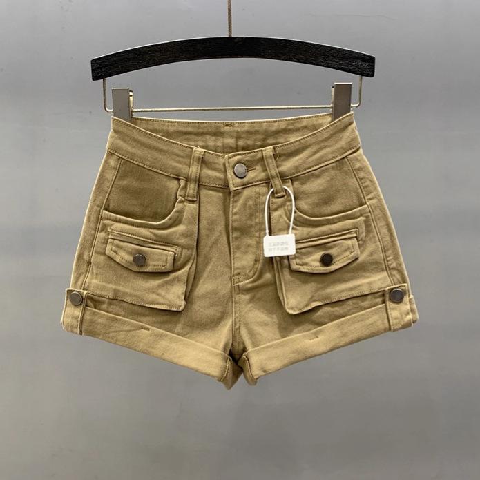 Khaki Flanged Denim Shorts Women's Summer New High-waisted Slim-fitting and Thin A-word Spice Girl Tooling Hot Pants