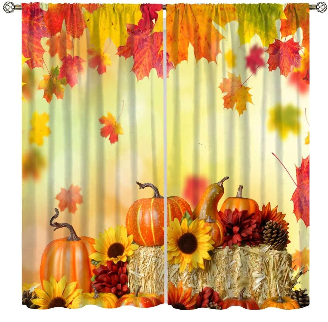 

Autumn Leaf Pumpkin Print Curtain Fall Festival Curtains Bedroom Living Room Happy Thanksgiving Decor With Blackout Polyester Perfect For W100*H130(CM)-Grommet top&2PCS
