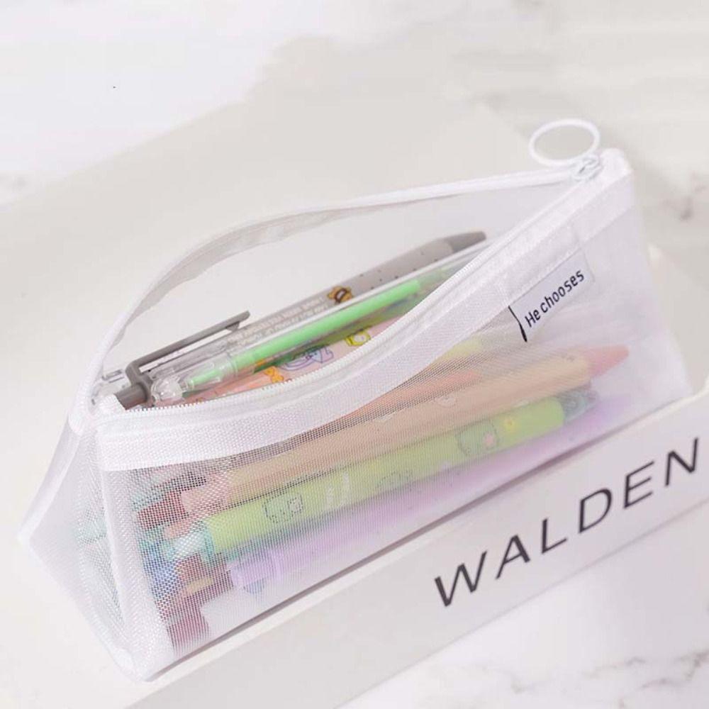 Triangle Mesh Pencil Case Retro Color Zipper Stationery Bag Portable Transparent Bills Bag Lady