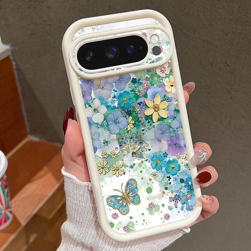 Oil Painting Flower Pattern Soft Phone Case For Google Pixel 9 Pro XL 8 Pro 8A Butterfly Print TPU Matte Shockproof Lens Protection Bumper Cover