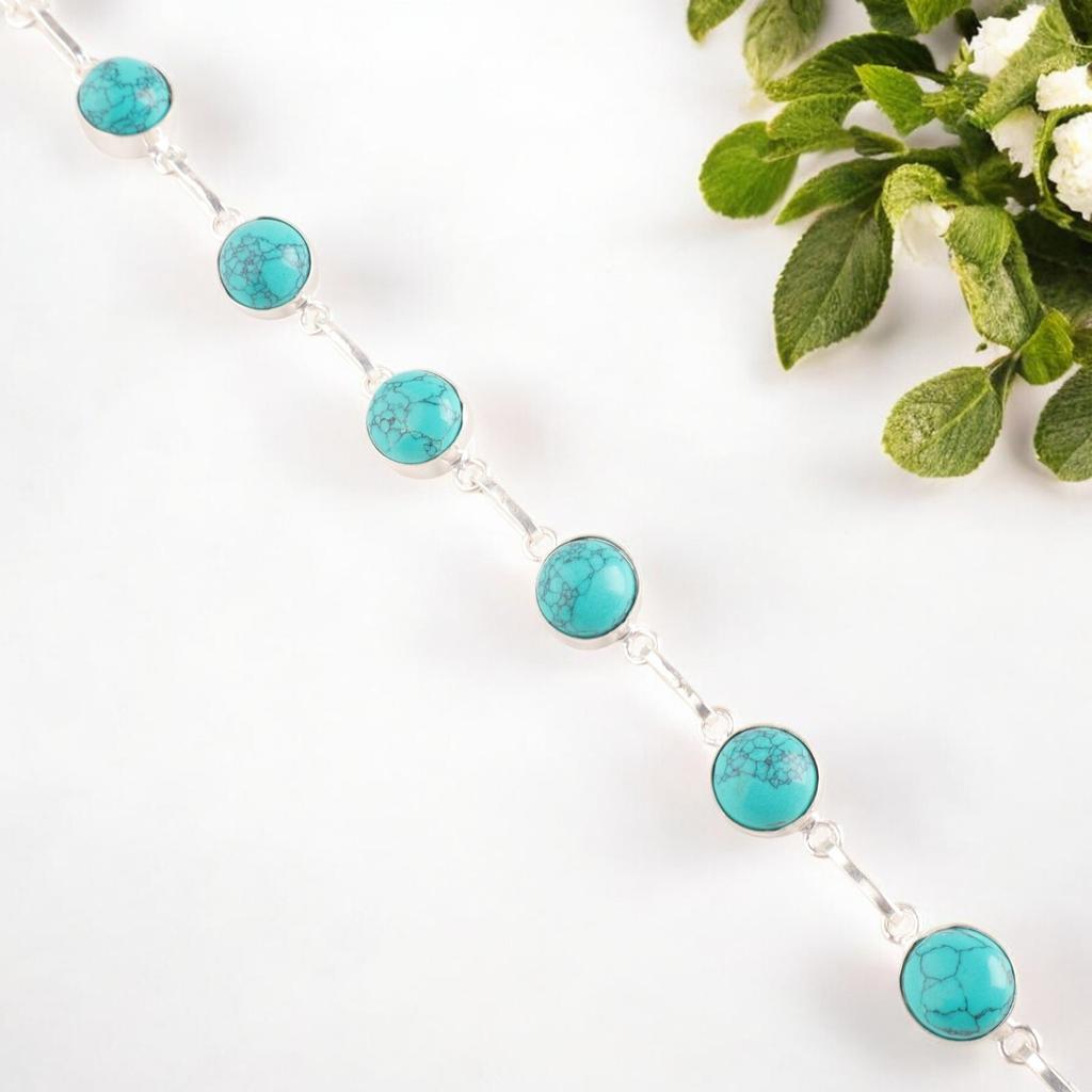 Blue Turquoise Gemstone 925 Sterling Silver Jewelry Handmade Bracelet For Girls RB-14-21