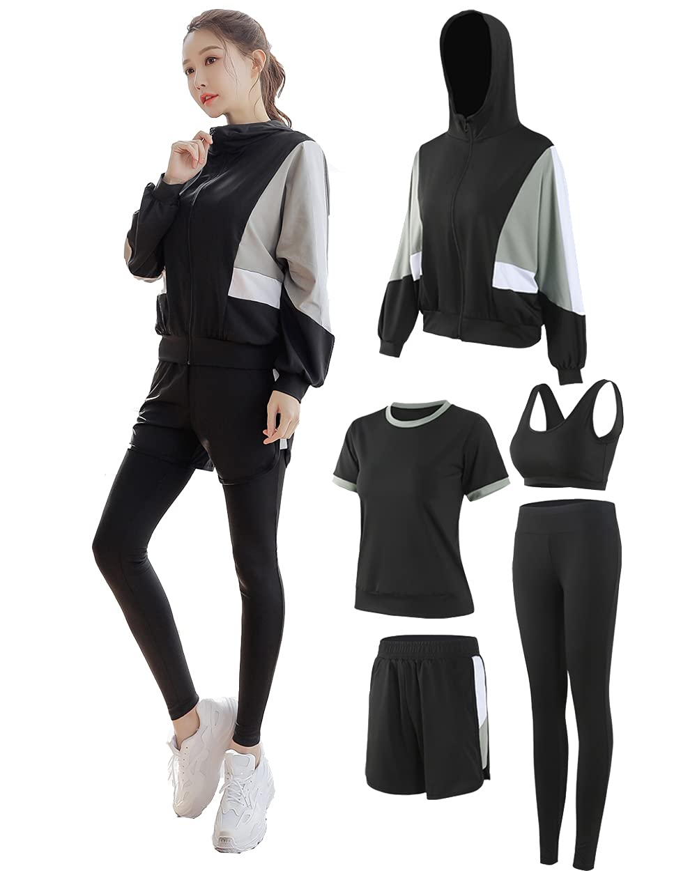 

Спортивная одежда Фитнес Одежда для йоги Комплект из топа и низа Комплект Одежда Джерси Тренировочная Бег Спортзал [DawnRain] Женский 5 предметов