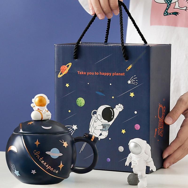 450 ml niedliche Keramik-Astronauten-Tasse, große Kapazität, Cartoon-Wassertasse mit Deckel, Löffel für Kaffee, Tee, Milch