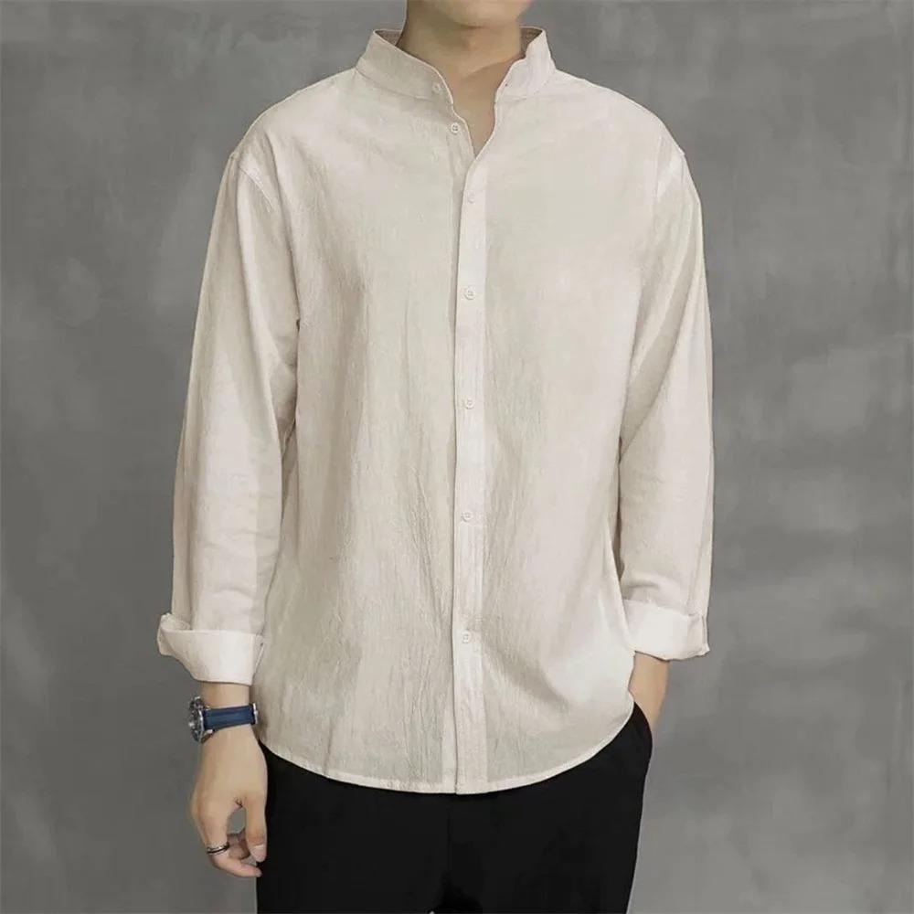

Весна Осень Мужская Рубашка Длинный Рукав Однотонная Хлопок Лен Хенли Воротник Одинарная Дышащая Корейский Стиль Мода Мужской Топ S
