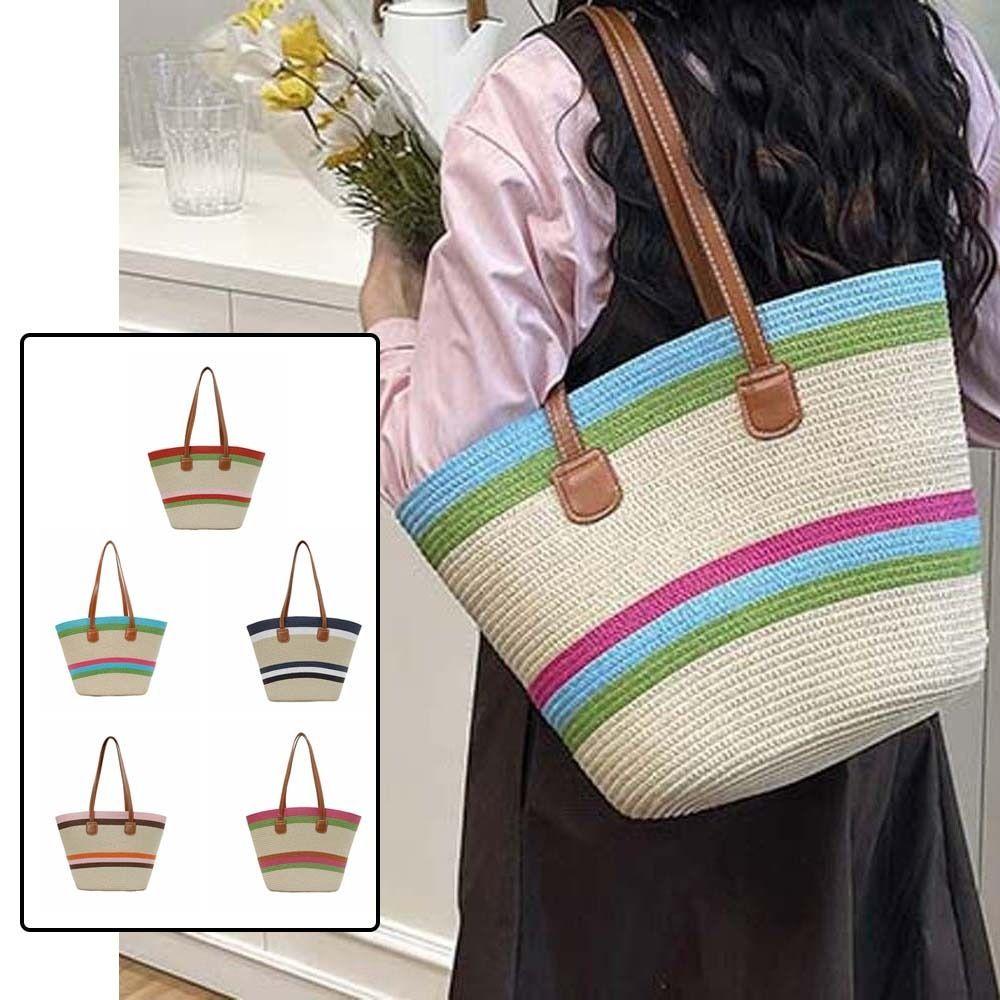 Polyester Shopping Straw Bag Lightweight Summer Beach Handbag Stripe Woven Tote Bag  School