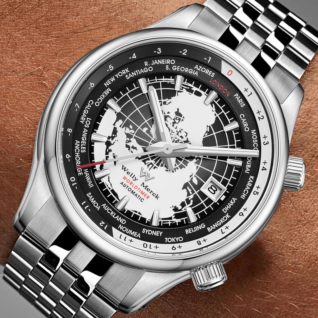 Herrenuhr mit Weltzeitfunktion, 100M Wasserdichtigkeit, Schlicht, Stilvoll, Beliebt und Formell - WM057 - Silber Schwarz