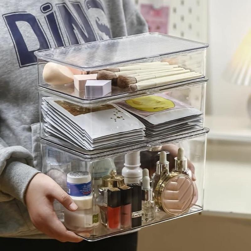 Stackable Clear Plastic Container With Closure Cabinet Storage Box for Home Organization