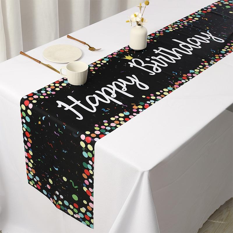 Colorful Polka Dot Pattern Decorative Table Runner, Happy Birthday Theme Polyester Table Flag, Birthday Party Table Ornament