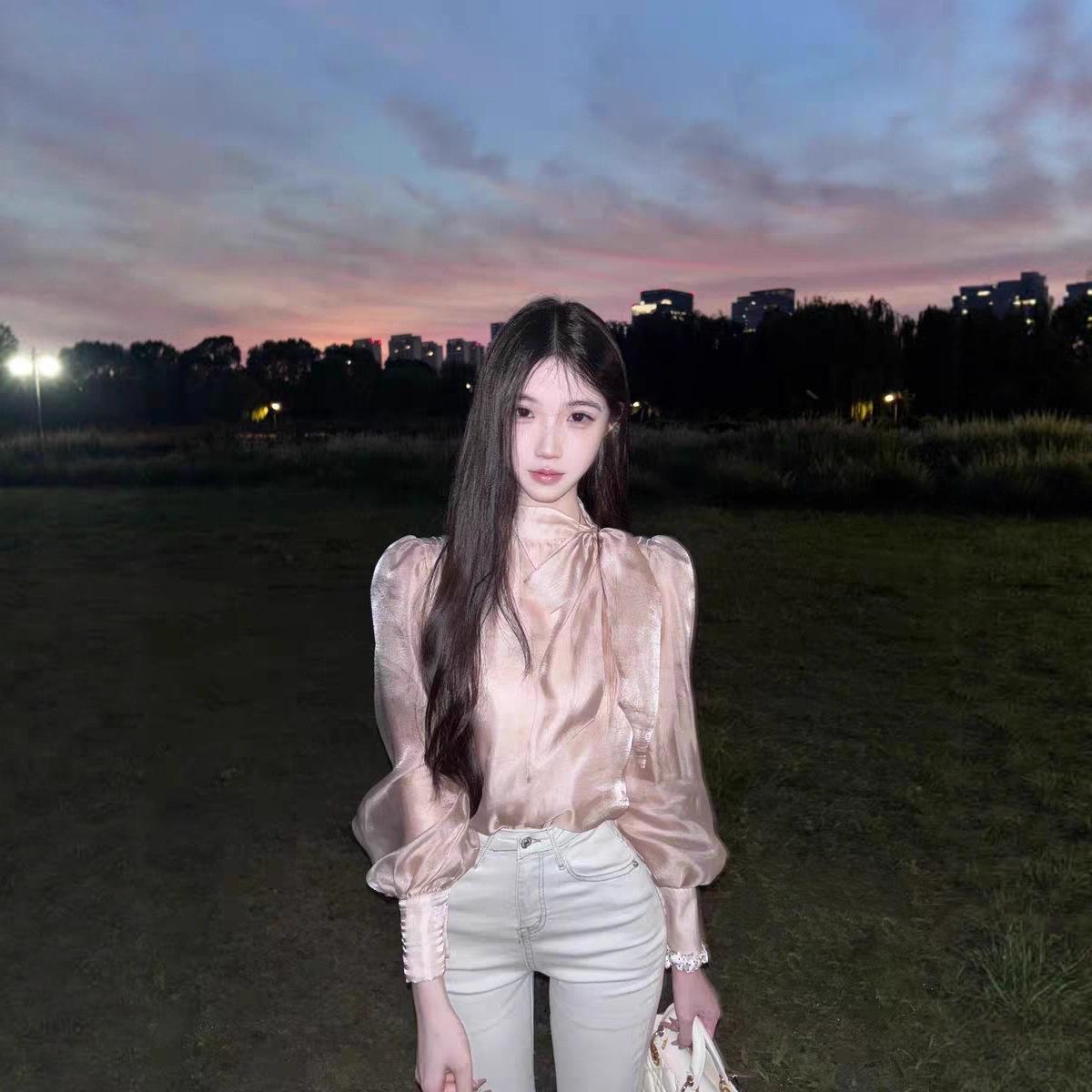 French Style Pink Organza Lace-up Bow Long Sleeve Women s Shirt Extra Large