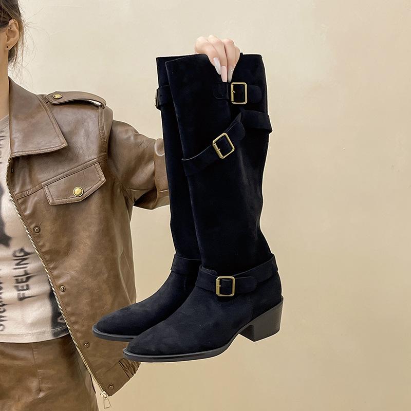 

Piaohong versatile retro style thick heel thick sole 2025 autumn and winter new boots women s western knight boots 35 чёрный