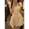 Petite Square Neck White A-Line Dress - Slimming Summer Fit