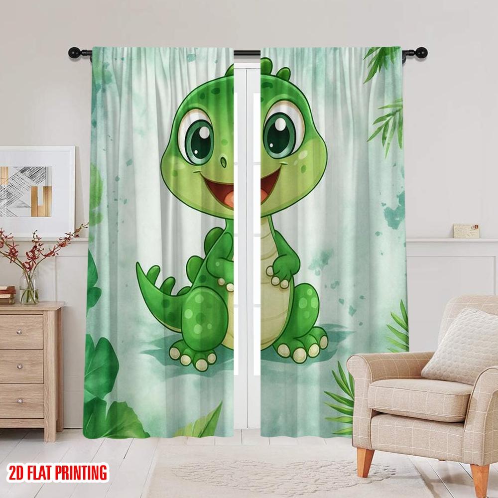 2pcs,2D Plane Printing Popular Curtains Dino Smile Polyester Easy Install (without Rod) Festive for Kitchen, Bedroom & Living