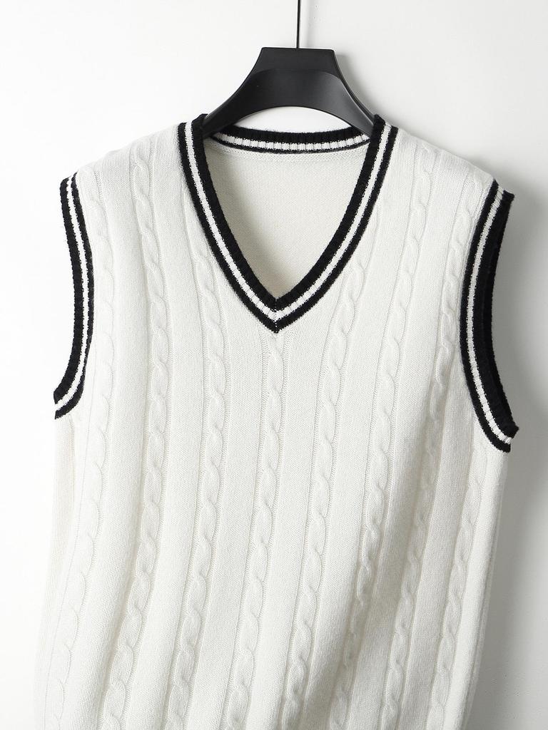 Men's College-Style 100% Wool Knitted Vest, Autumn/Winter Cable Knit, Contrasting Colors, Thickened Sleeveless Design