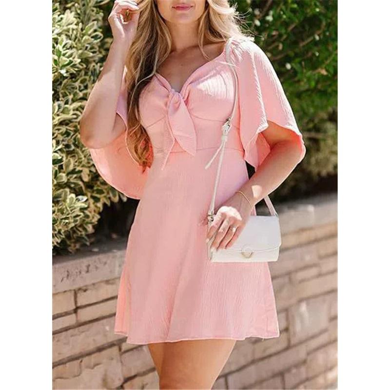 European And American Style Ladies V-neck Bow Tie Short-sleeved Mini Dress Solid Color Waist Loose Casual Long Skirt