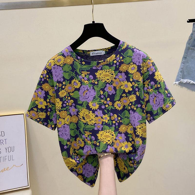 Tops Women Cotton Summer Large Size T-shirt Round Neck Loose Printed Casual Pullover T-shirt Top