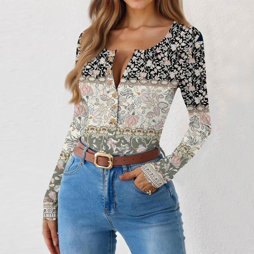 Women's Slim Bottom T-shirt Fashion Casual Gradient Printing Round Neck Pullover Long Sleeve Top