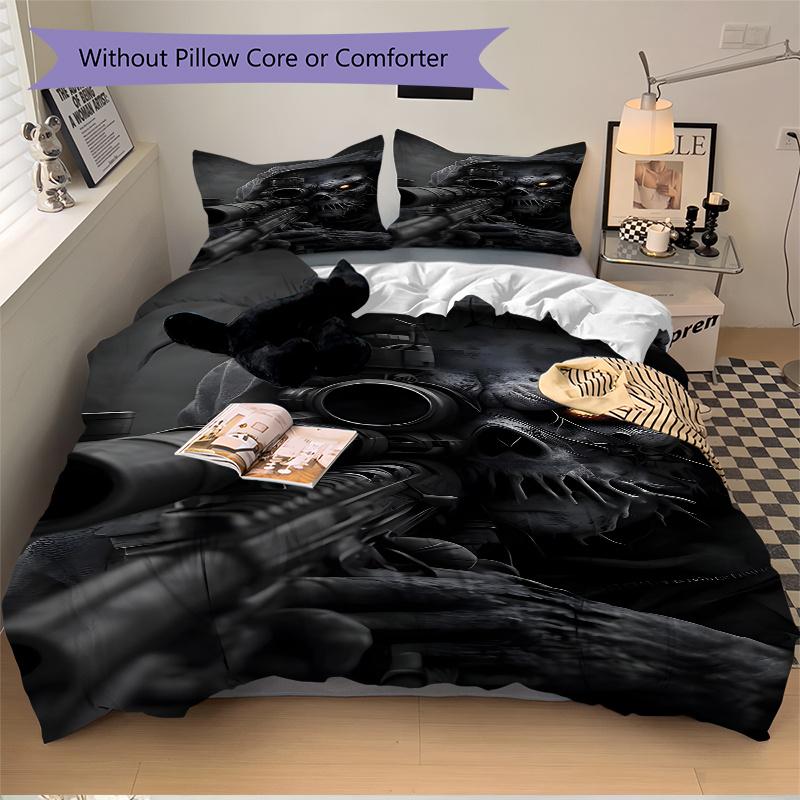 3pcs Skull with Gun Universal Three-Piece Bedding Set-Perfect for Bedroom, Guest Room, Living Room, Hotel Decor-Ideal Gift for Fans, Travele