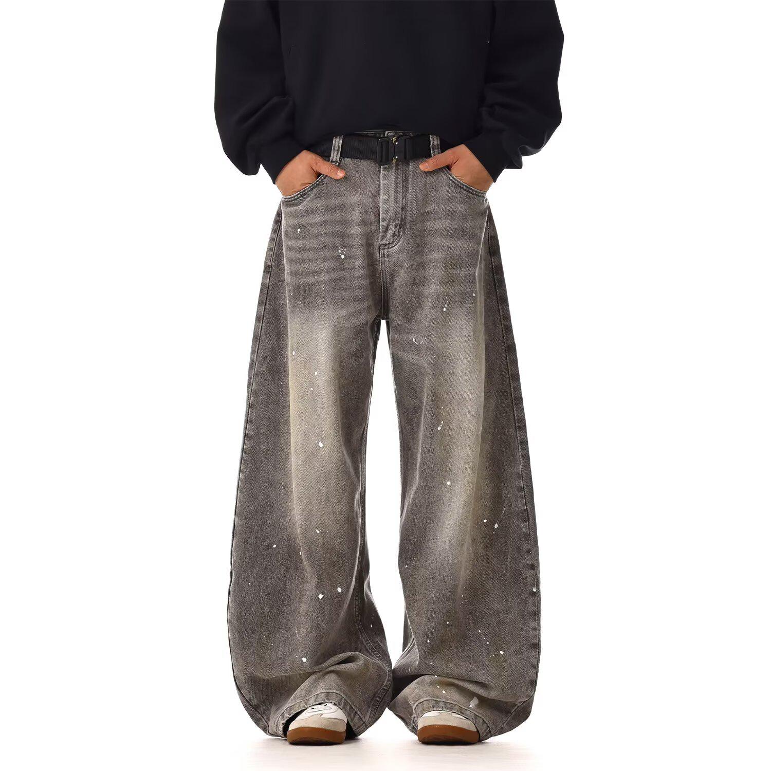 

Унисекс Ретро Джинсы с Брызгами и Потертостями - Трендовая Уличная Одежда Свободного Кроя 3XL серый