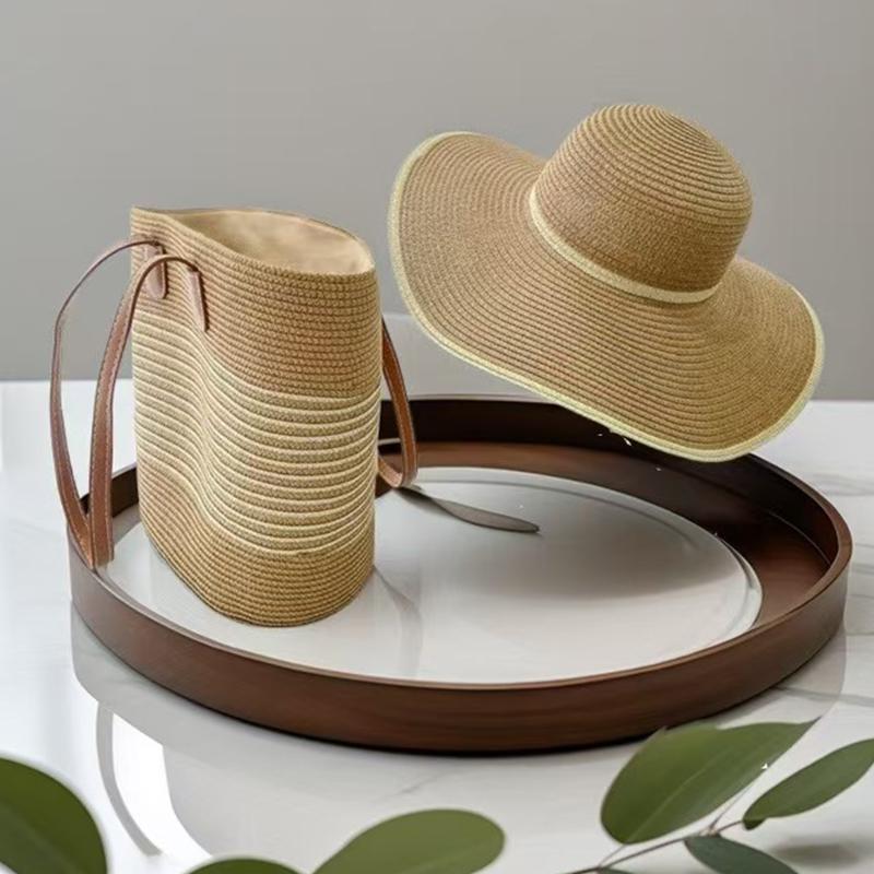 

Набір з двох предметів Солом яний сонцезахисний капелюх з широкими крисами Літній солом яний капелюх з модною солом яною сумкою Велика містка сумка-тоут