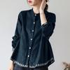 Women S Summer Stand Collar Cotton Linen Long Sleeve Loose Plus Size Shirt