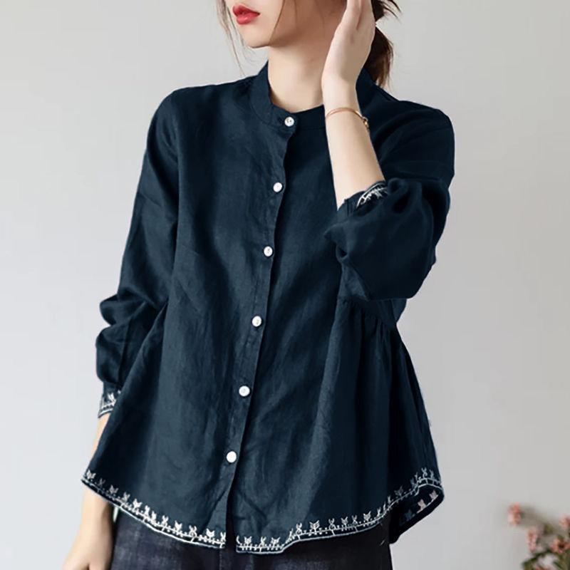 Women S Summer Stand Collar Cotton Linen Long Sleeve Loose Plus Size Shirt