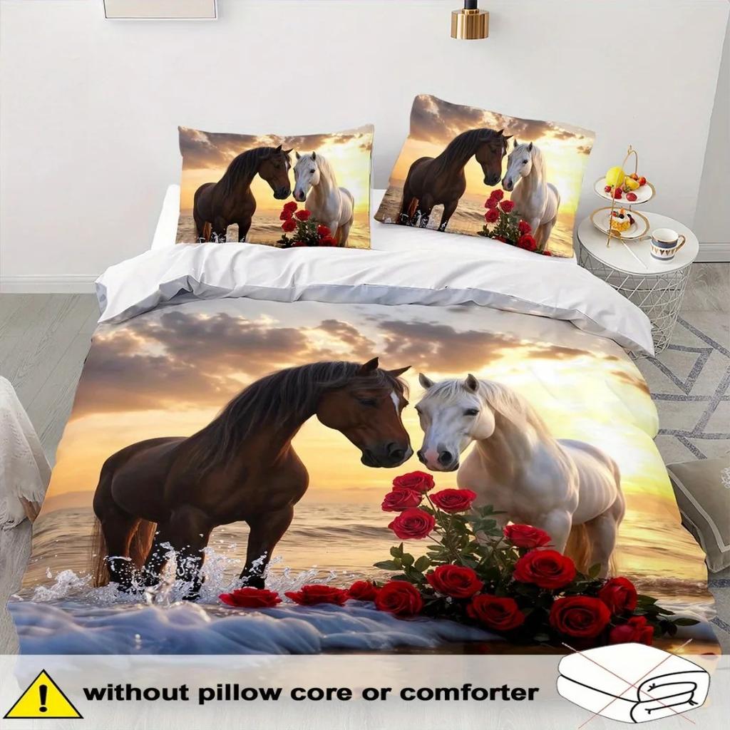 3Pcs Love Themed Horse 3D Printed Bedding Set Cozy Comfortable Duvet Cover King Queen Twin Size Birthday Gift Bedroom Decoration