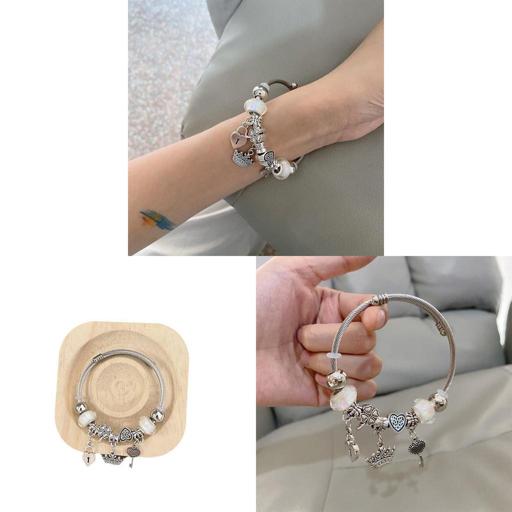 No Ip Summer Stainless Steel Heart Crown Charm Bracelet For Fashionable Women