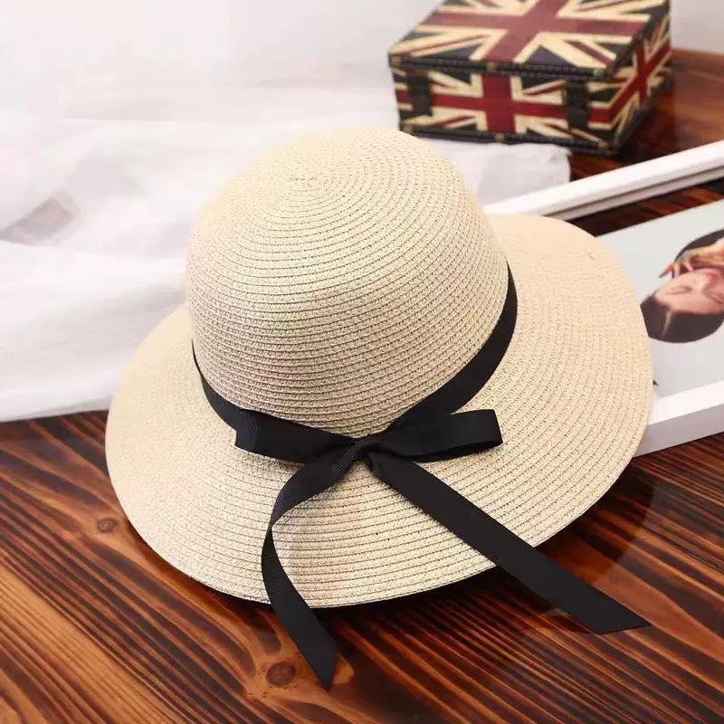Retro bow straw hat simple and sweet versatile seaside vacation beach hat fashionable sunscreen straw hat